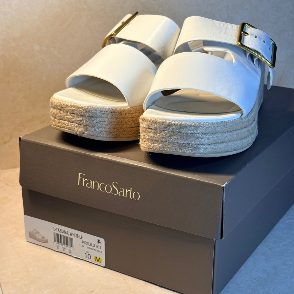 Franco Sarto Taziana White Leather Platform Espadrille Sandals Gold Buckle 10M